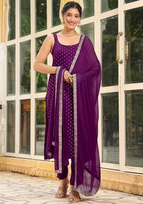 Purple Embroidered Viscose Straight Kurta Sets
