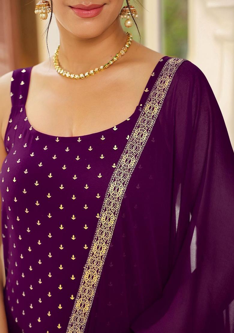 Purple Embroidered Viscose Straight Kurta Sets - Indya
