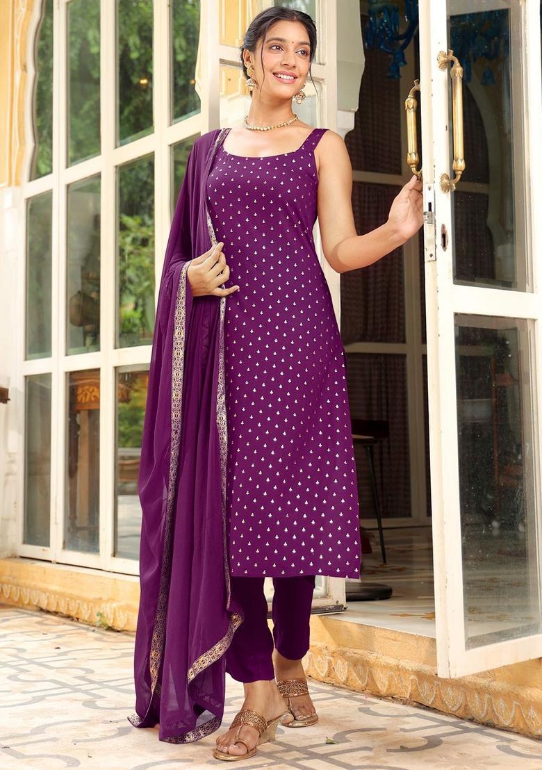 Purple Embroidered Viscose Straight Kurta Sets - Indya