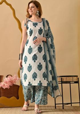 White Printed Cotton Straight Kurta Sets