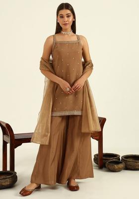 Brown Embroidered Viscose Straight Kurta Sets