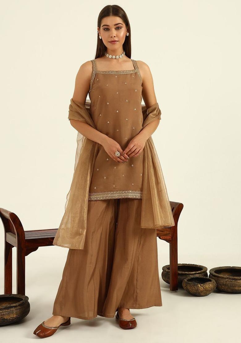 Brown Embroidered Viscose Straight Kurta Sets - Indya