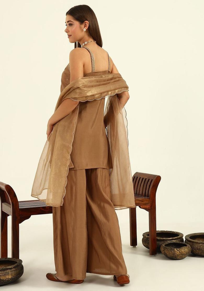 Brown Embroidered Viscose Straight Kurta Sets - Indya