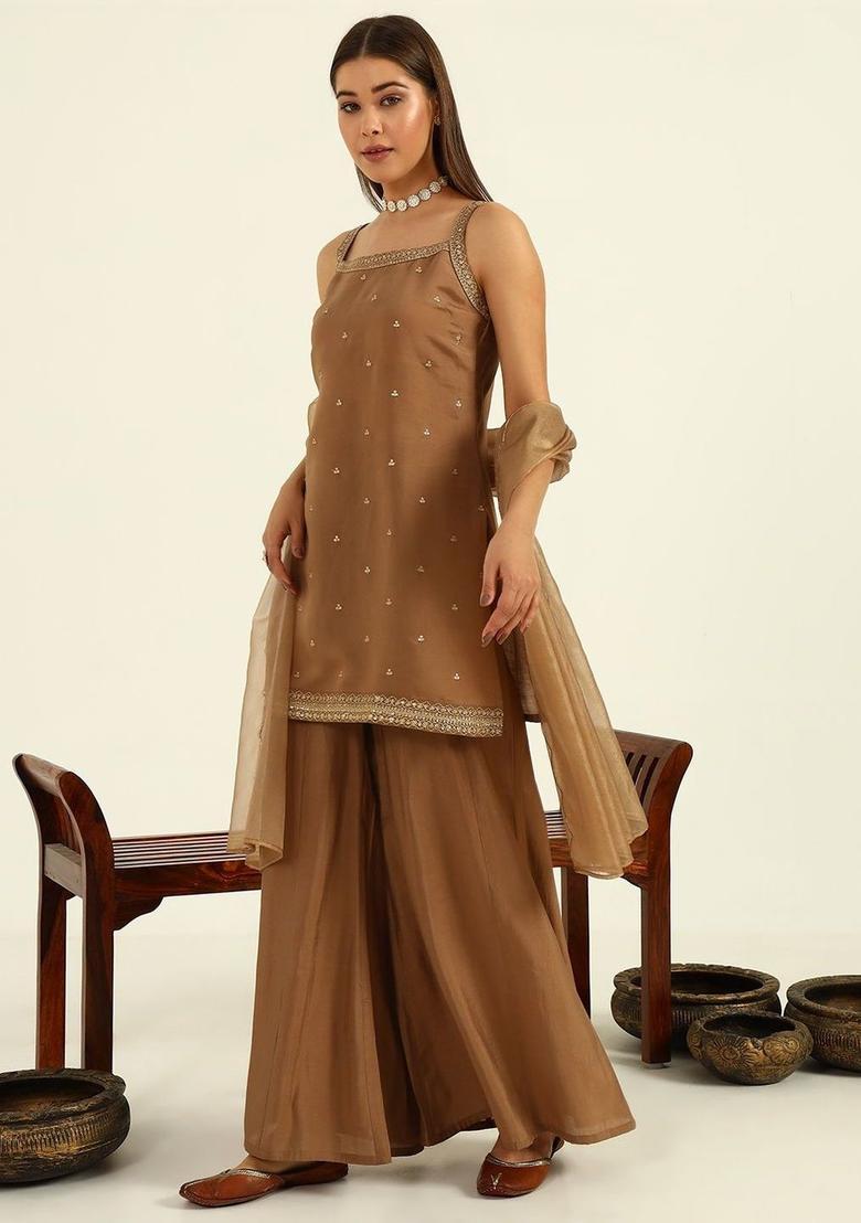 Brown Embroidered Viscose Straight Kurta Sets - Indya