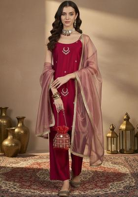 Red Embroidered Silk Straight Kurta Sets