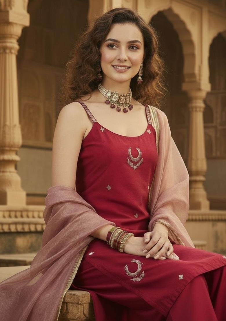 Red Embroidered Silk Straight Kurta Sets - Indya