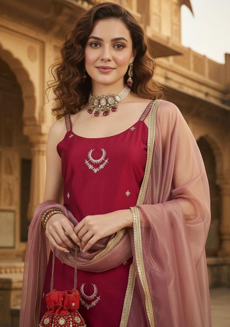 Red Embroidered Silk Straight Kurta Sets - Indya