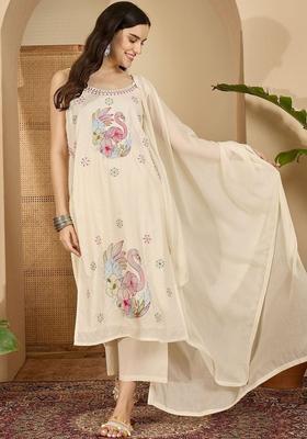 Off White Embroidered Cotton Straight Kurta Sets