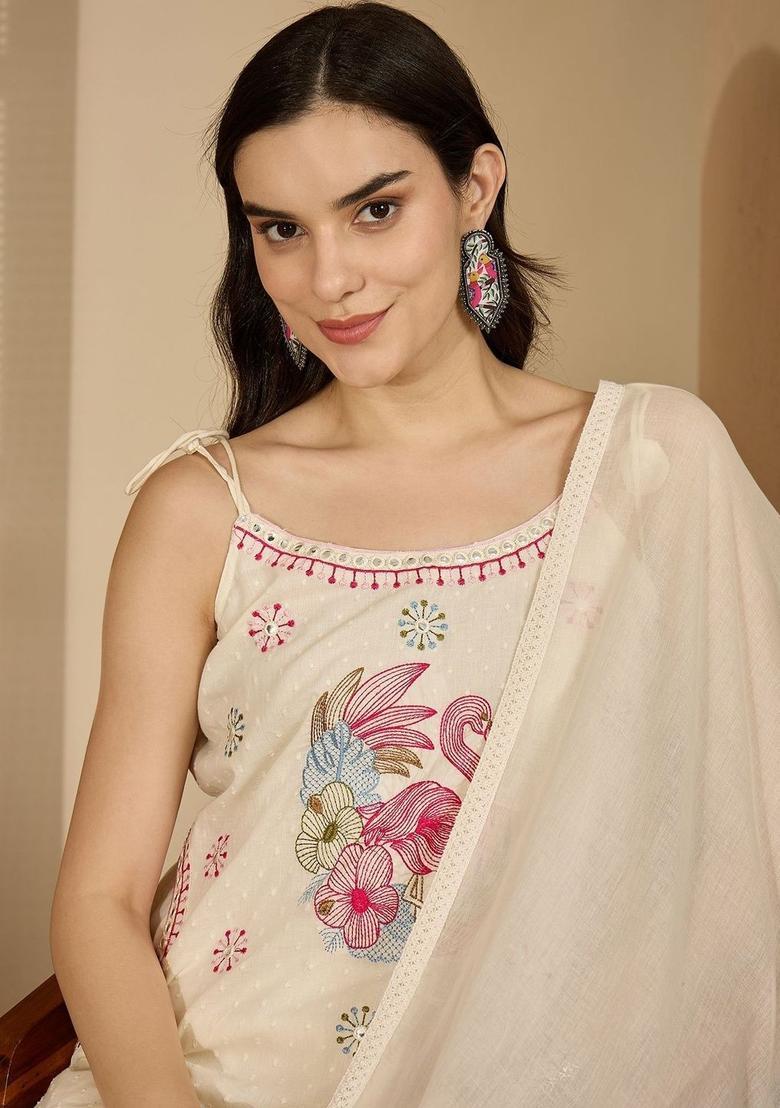 Off White Embroidered Cotton Straight Kurta Sets - Indya