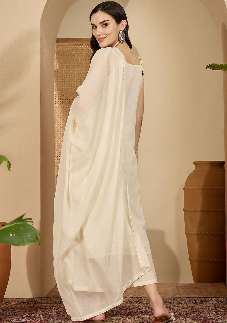 Off White Embroidered Cotton Straight Kurta Sets - Indya