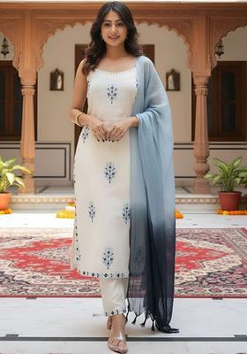 Off White Embroidered Cotton Straight Kurta Sets