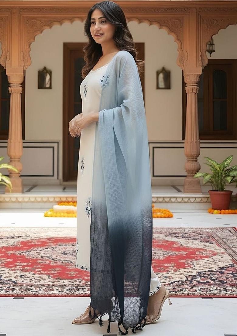 Off White Embroidered Cotton Straight Kurta Sets - Indya