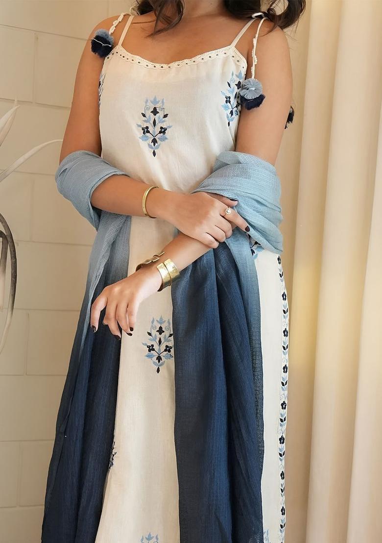 Off White Embroidered Cotton Straight Kurta Sets - Indya