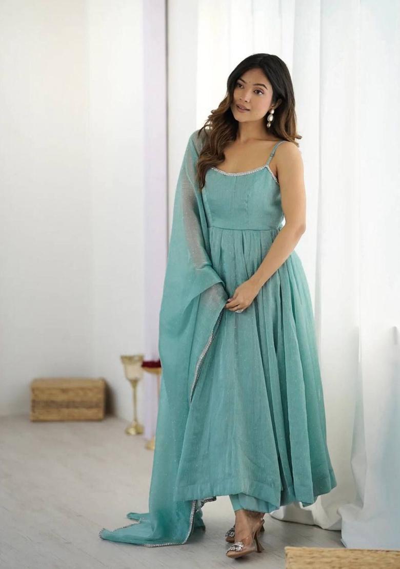 Blue Embroidered Silk Anarkali Sets - Indya