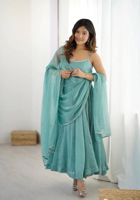 Blue Embroidered Silk Anarkali Sets — view on Indya