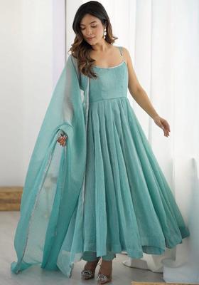 Turquoise Blue Printed Georgette Anarkali Sets