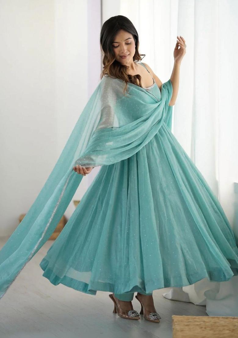 Turquoise Blue Printed Georgette Anarkali Sets - Indya