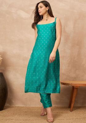 Teal Embroidered Silk A Line Kurta Sets