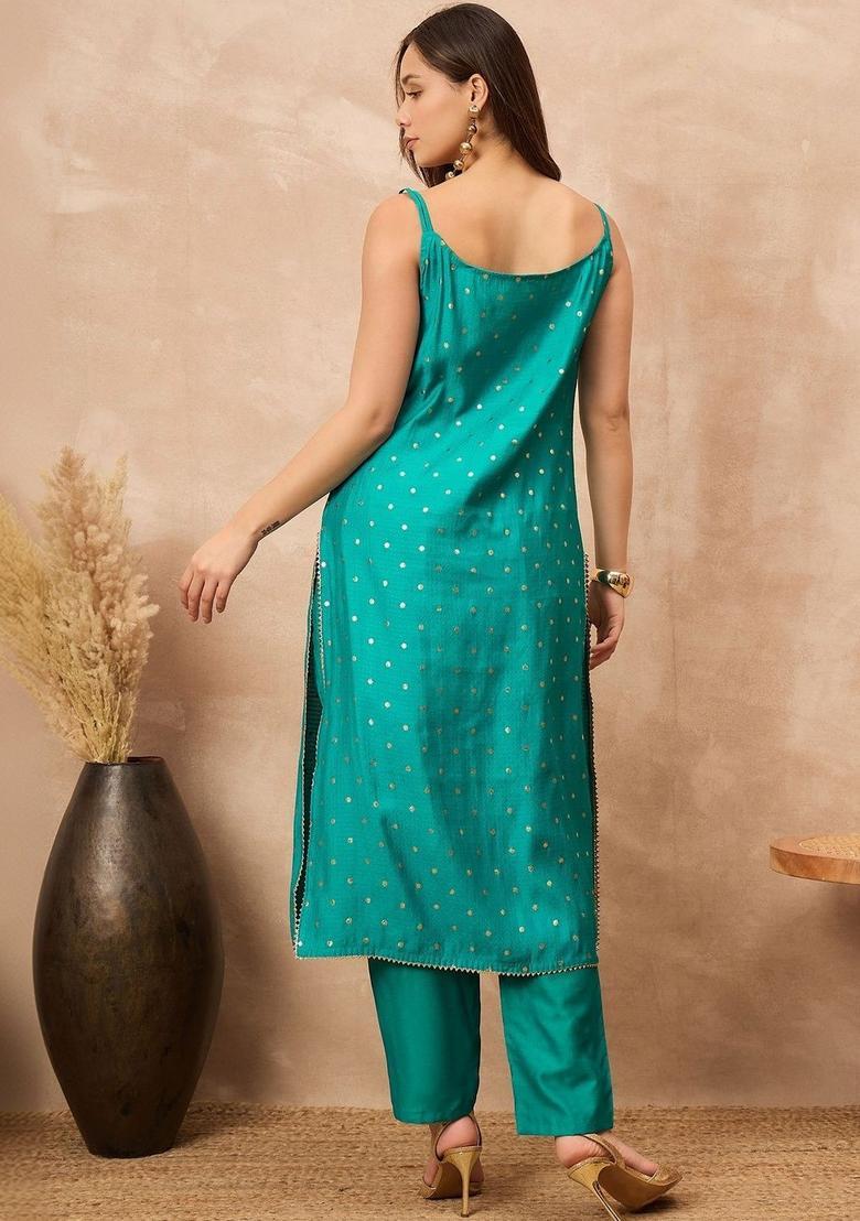 Teal Embroidered Silk A Line Kurta Sets - Indya