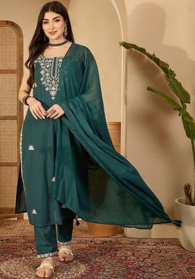 Teal Embroidered Cotton Straight Kurta Sets