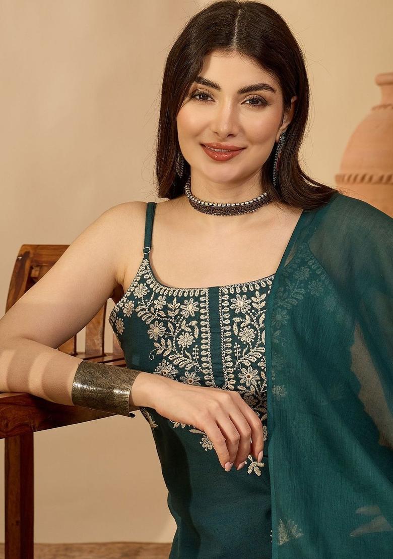 Teal Embroidered Cotton Straight Kurta Sets - Indya