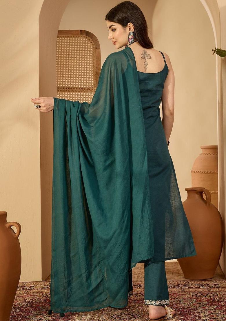 Teal Embroidered Cotton Straight Kurta Sets - Indya