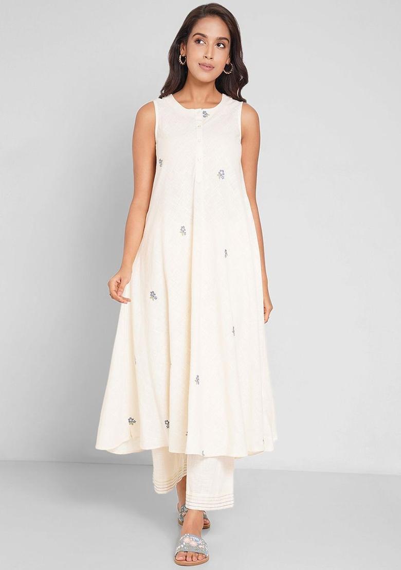 Off White Embroidered Cotton A Line Kurta Sets - Indya