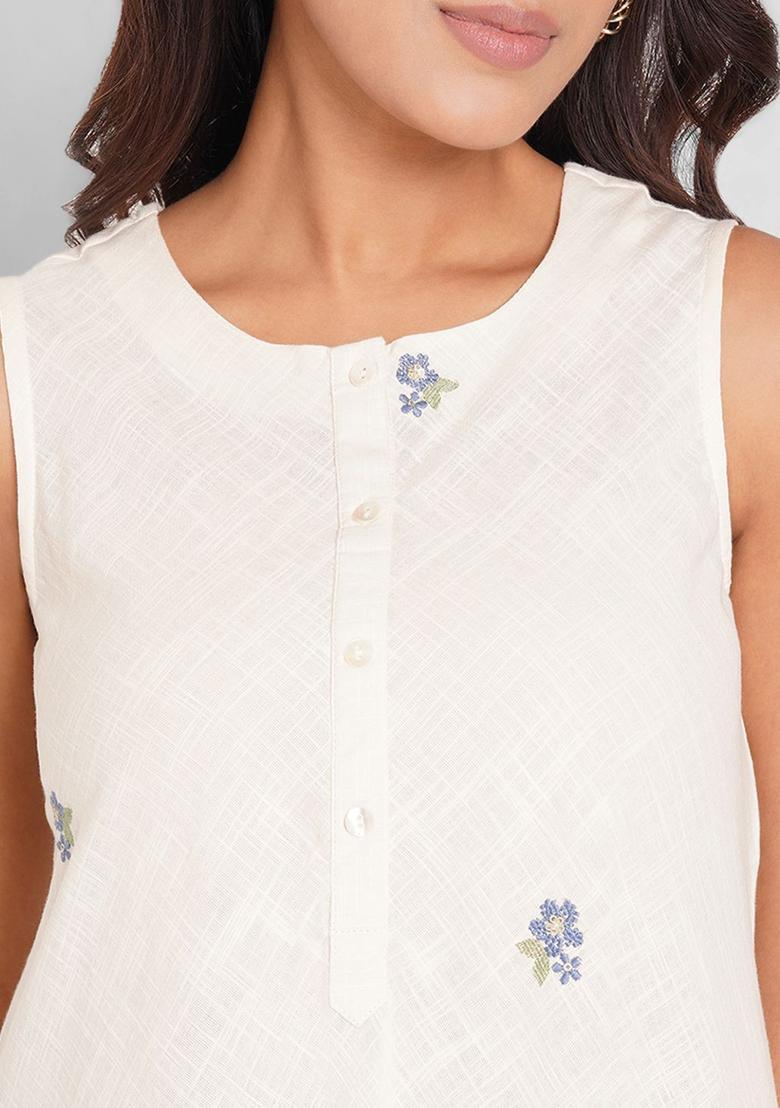 Off White Embroidered Cotton A Line Kurta Sets - Indya