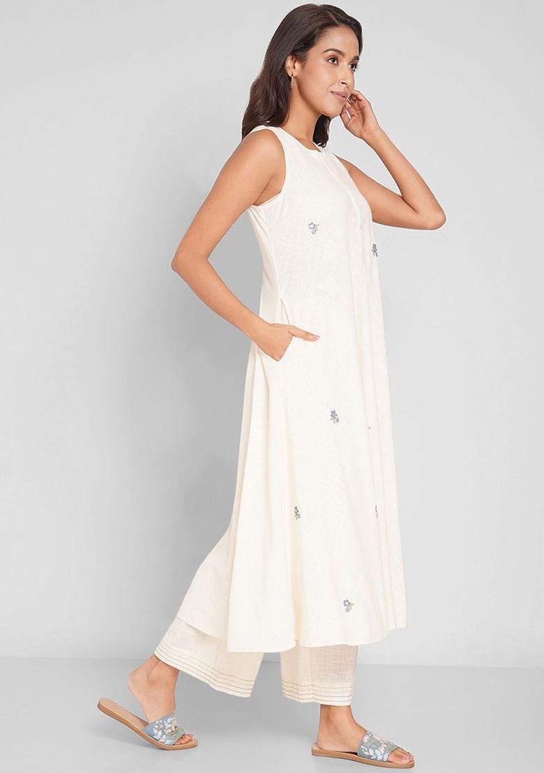Off White Embroidered Cotton A Line Kurta Sets - Indya