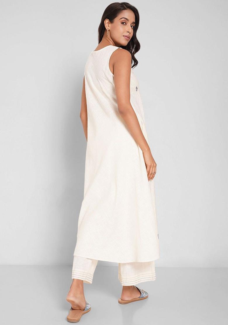 Off White Embroidered Cotton A Line Kurta Sets - Indya