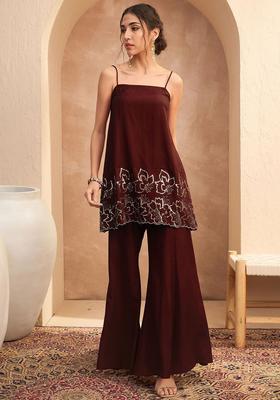 Brown Embroidered Viscose Straight Kurta Sets