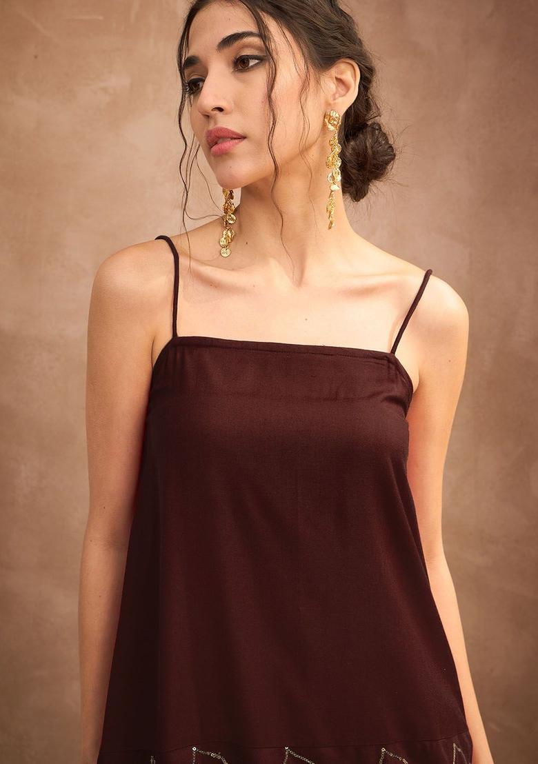 Brown Embroidered Viscose Straight Kurta Sets - Indya