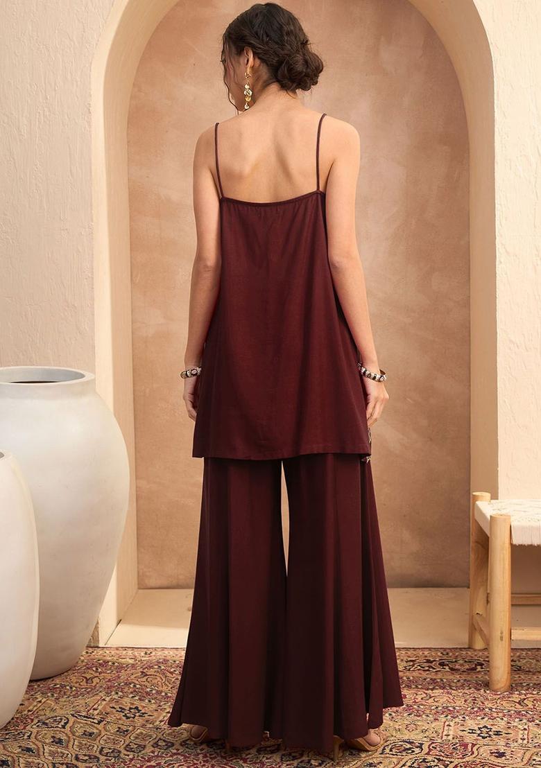 Brown Embroidered Viscose Straight Kurta Sets - Indya