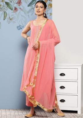 Peach Embroidered Silk Straight Kurta Sets