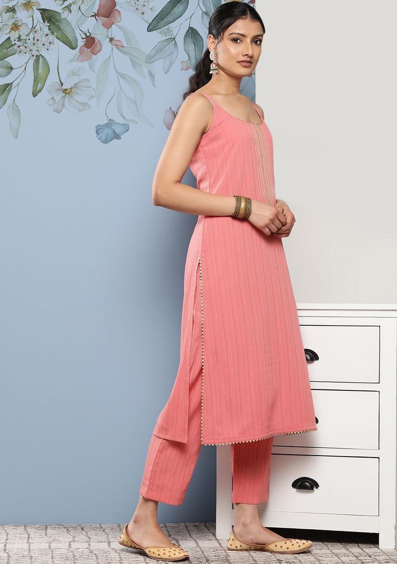Peach Embroidered Silk Straight Kurta Sets - Indya