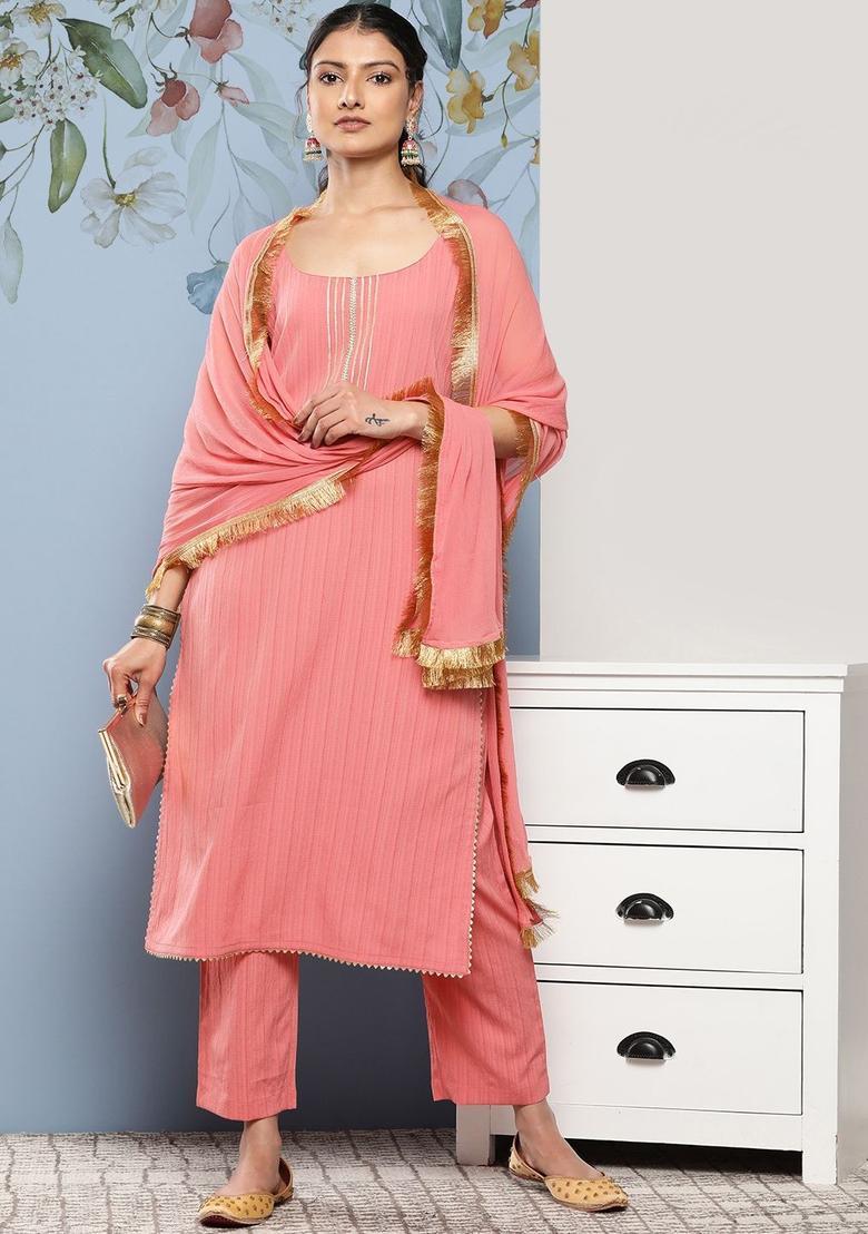 Peach Embroidered Silk Straight Kurta Sets - Indya
