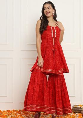 Red Tie And Dye Cotton A Line Kurta Sets