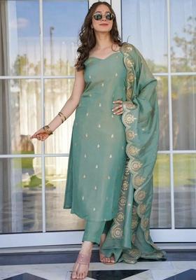 Sea Green Embroidered Cotton Straight Kurta Sets