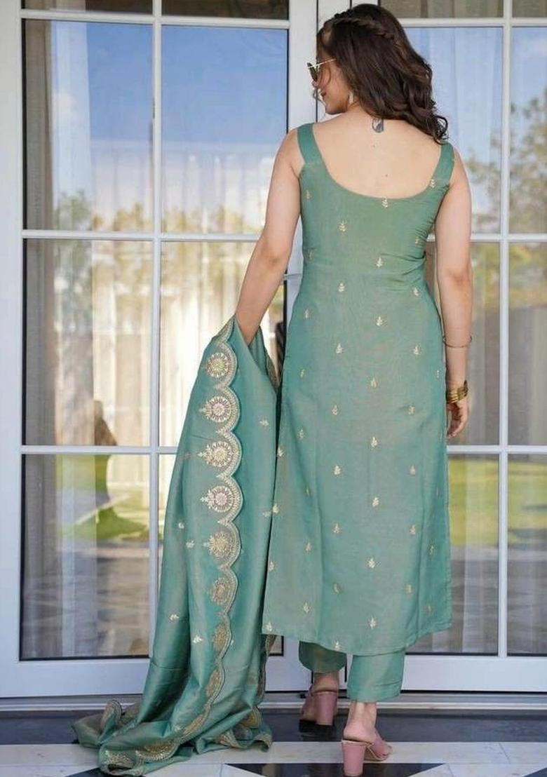 Sea Green Embroidered Cotton Straight Kurta Sets - Indya