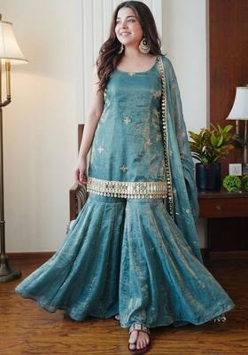 Teal Embroidered Silk Straight Kurta Sets