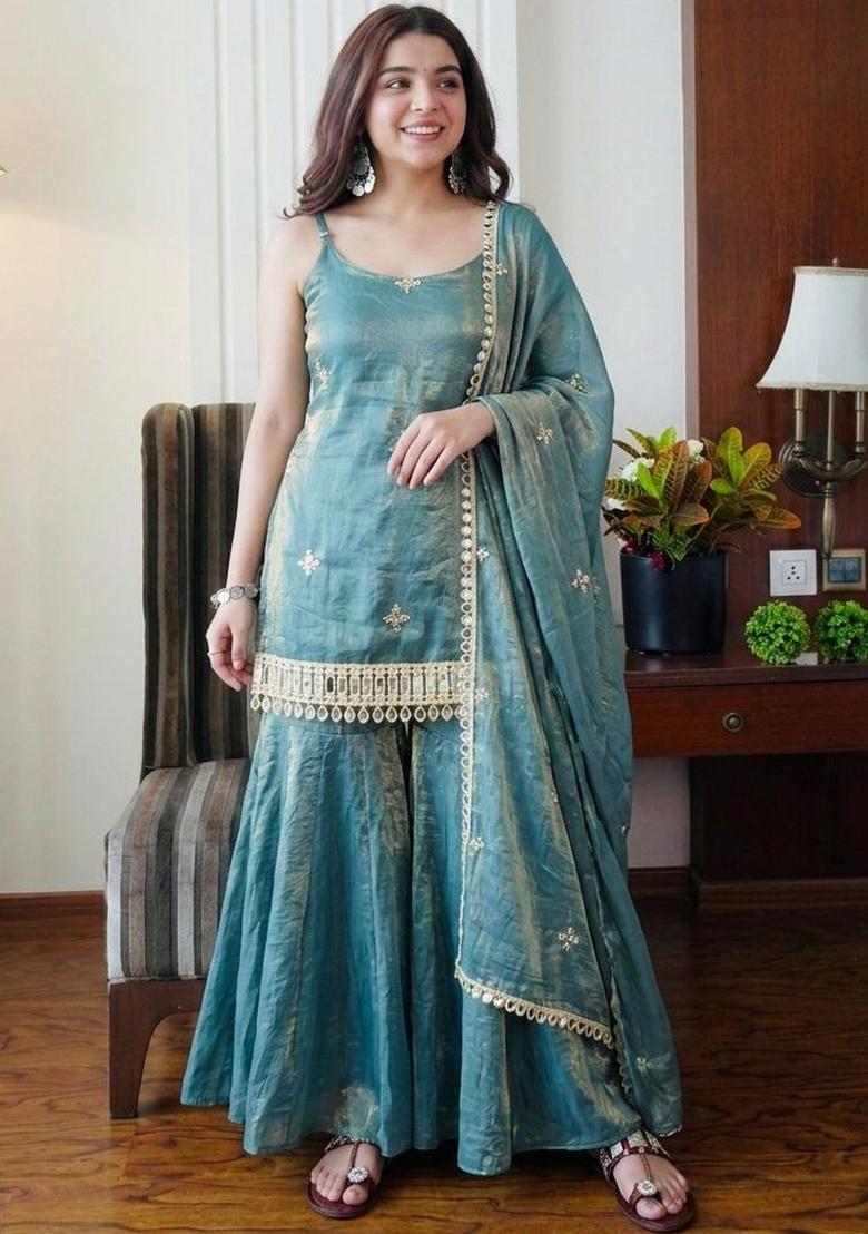 Teal Embroidered Silk Straight Kurta Sets - Indya