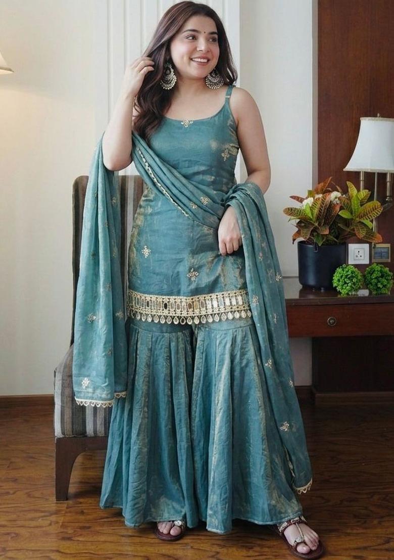 Teal Embroidered Silk Straight Kurta Sets - Indya