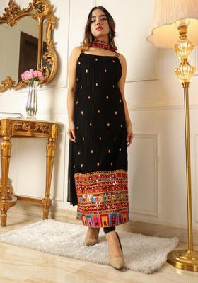 Black Printed Georgette Straight Kurta Sets