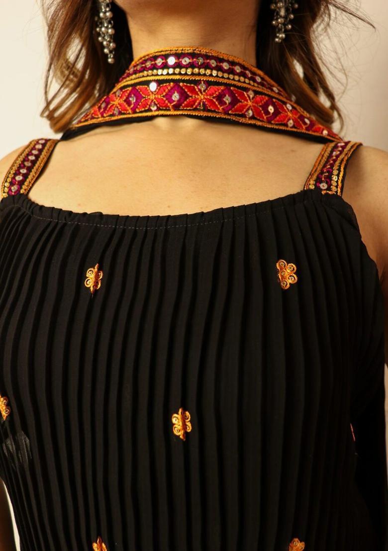 Black Printed Georgette Straight Kurta Sets - Indya