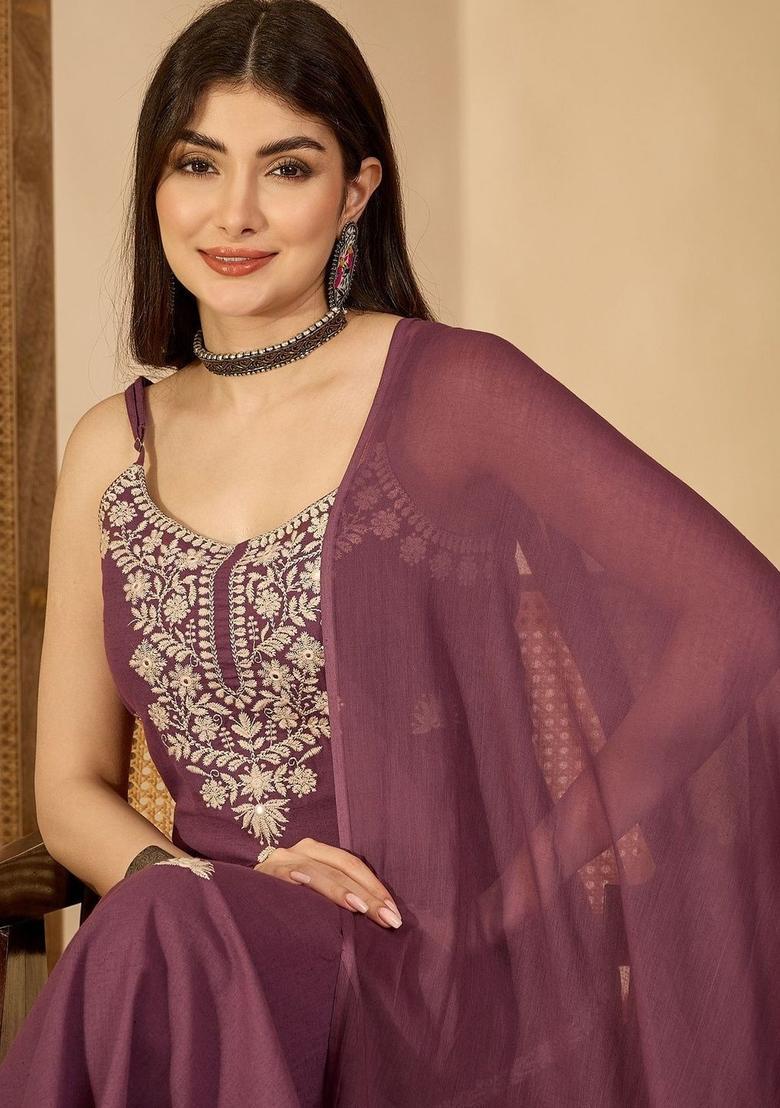 Purple Embroidered Cotton Straight Kurta Sets - Indya