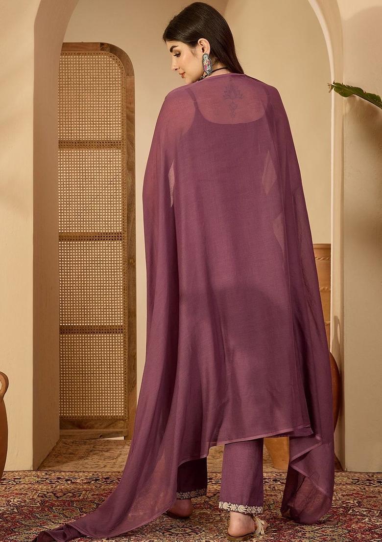 Purple Embroidered Cotton Straight Kurta Sets - Indya