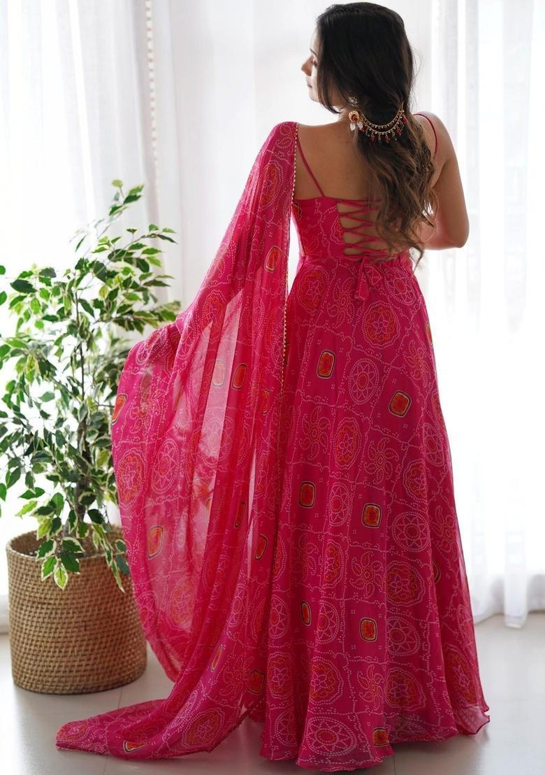 Pink Printed Silk Anarkali Sets - Indya