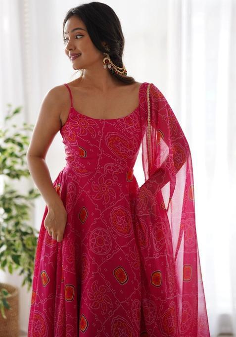 Pink Printed Silk Anarkali Sets — view on Indya