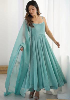 Turquoise Blue Printed Silk Anarkali Sets