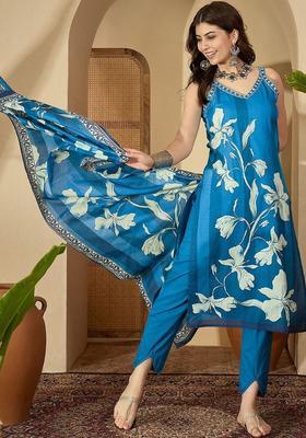 Blue Printed Cotton Straight Kurta Sets